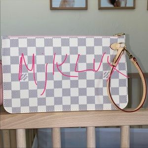 Brand New LOUIS VUITTON Neverfull MM/GM Pochette in Damier Azur & Rose Ballerine